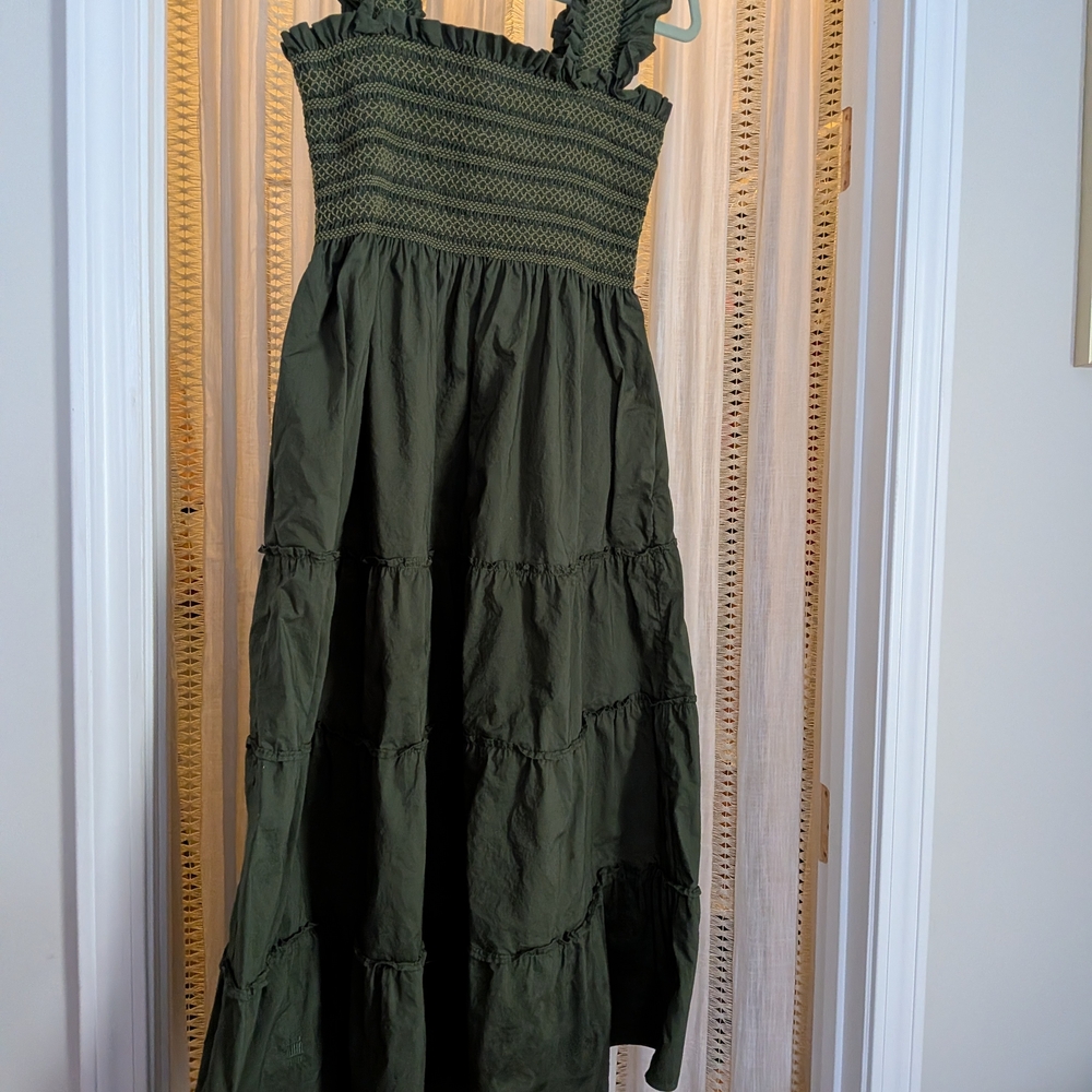 Hill House Olive Green Smocked Midi Dress